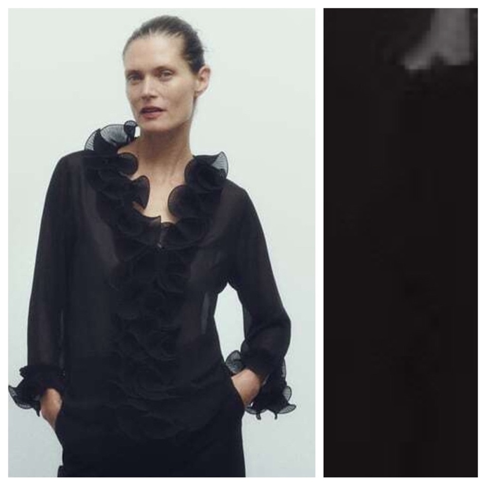 NWOT. Zara Black Semi Sheer Blouse with Pleated Ruffle Trims. Size XS.